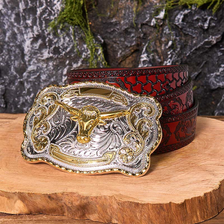 Cinturón de cuero con hebilla vaquera estilo western, hecho a mano, con cabeza de toro dorada