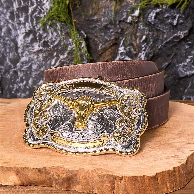 Cinturón de cuero con hebilla vaquera estilo western, hecho a mano, con cabeza de toro dorada