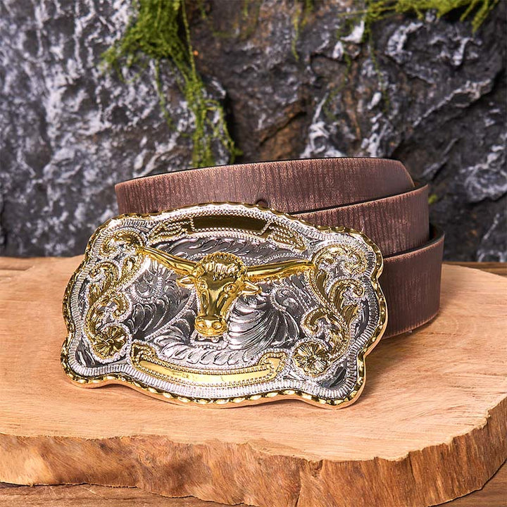 Cinturón de cuero con hebilla vaquera estilo western, hecho a mano, con cabeza de toro dorada