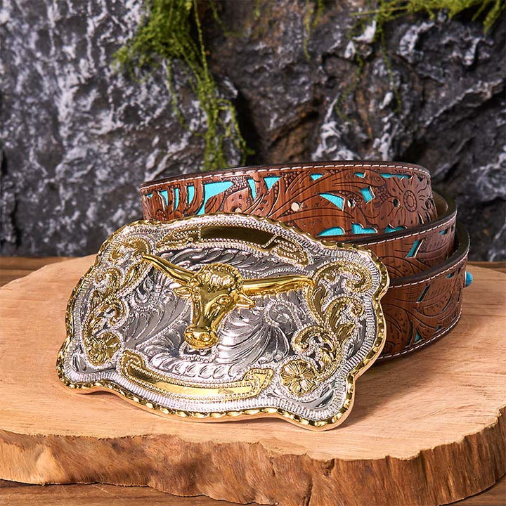 Cinturón de cuero con hebilla vaquera estilo western, hecho a mano, con cabeza de toro dorada - Cabeza de toro de oro - Cinturón tallado en turquesa - 42 - image 7