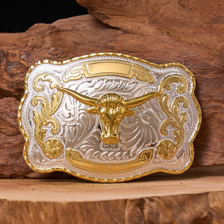 Cinturón de cuero con hebilla vaquera estilo western, hecho a mano, con cabeza de toro dorada