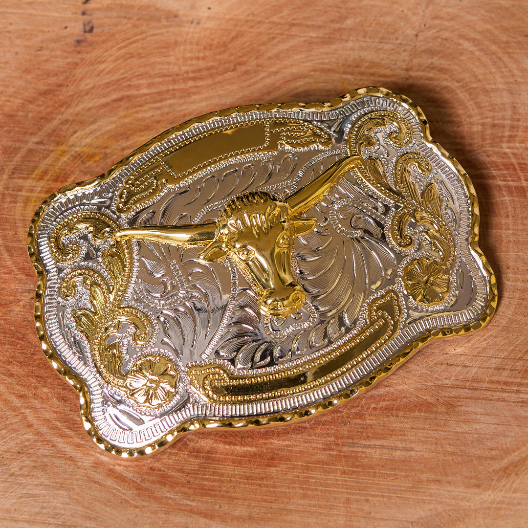 Cinturón de cuero con hebilla vaquera estilo western, hecho a mano, con cabeza de toro dorada