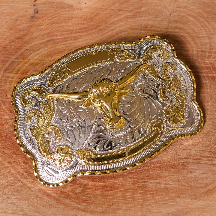 Cinturón de cuero con hebilla vaquera estilo western, hecho a mano, con cabeza de toro dorada