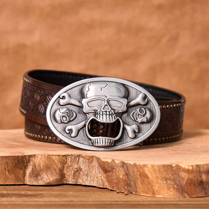 Cinturón de cuero con hebilla estilo western, hecho a mano, con calavera y abrebotellas