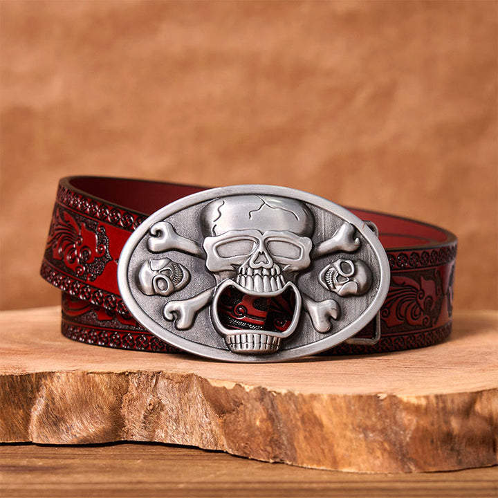 Cinturón de cuero con hebilla estilo western, hecho a mano, con calavera y abrebotellas