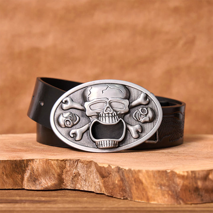 Cinturón de cuero con hebilla estilo western, hecho a mano, con calavera y abrebotellas