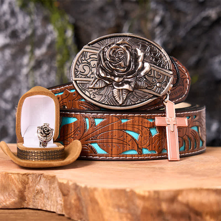 Conjunto de anillo y hebilla de cinturón con colgante de cruz y cuchillo oculto con temática de rosas