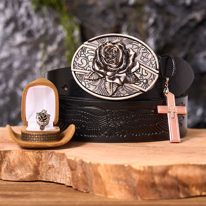 Conjunto de anillo y hebilla de cinturón con colgante de cruz y cuchillo oculto con temática de rosas
