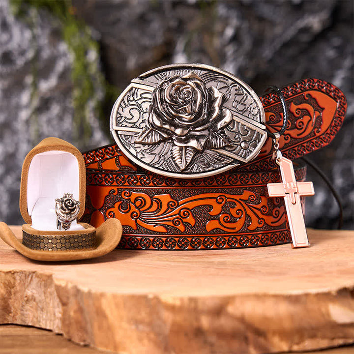 Conjunto de anillo y hebilla de cinturón con colgante de cruz y cuchillo oculto con temática de rosas