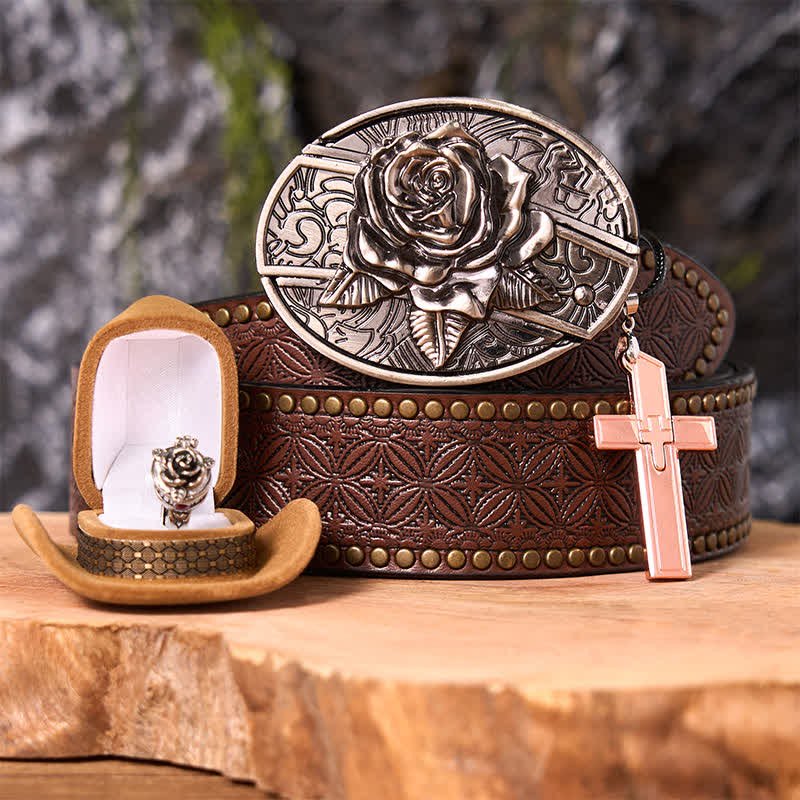 Conjunto de anillo y hebilla de cinturón con colgante de cruz y cuchillo oculto con temática de rosas