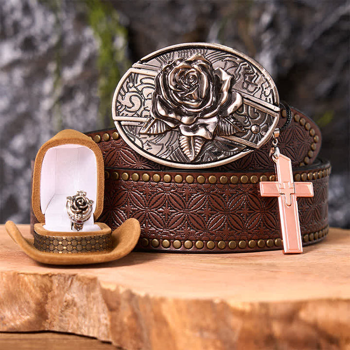 Conjunto de anillo y hebilla de cinturón con colgante de cruz y cuchillo oculto con temática de rosas