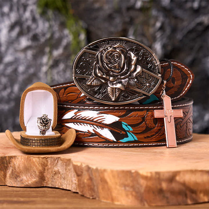 Conjunto de anillo y hebilla de cinturón con colgante de cruz y cuchillo oculto con temática de rosas