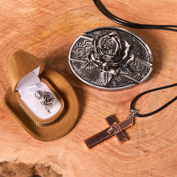 Conjunto de anillo y hebilla de cinturón con colgante de cruz y cuchillo oculto con temática de rosas