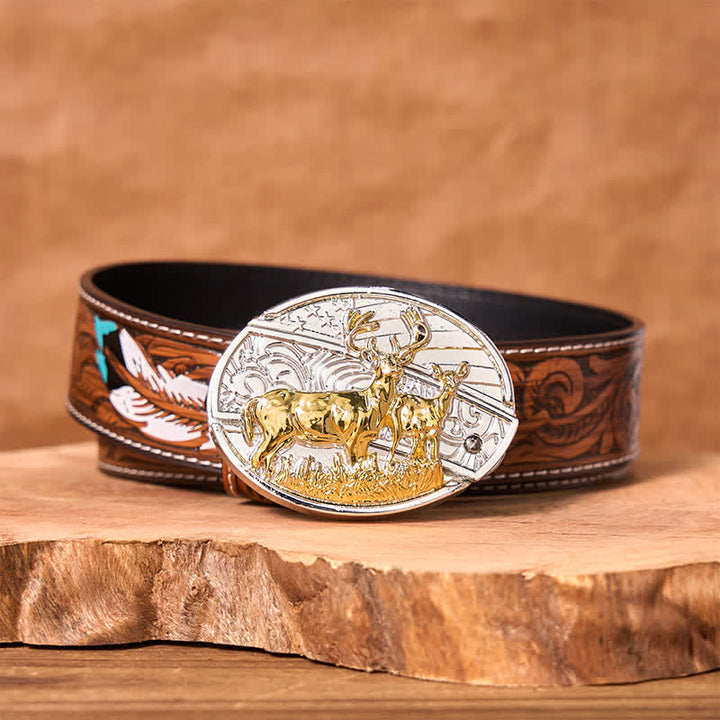 Cinturón de cuero con cuchillo plegable oculto con ciervos dorados y plateados para hombre