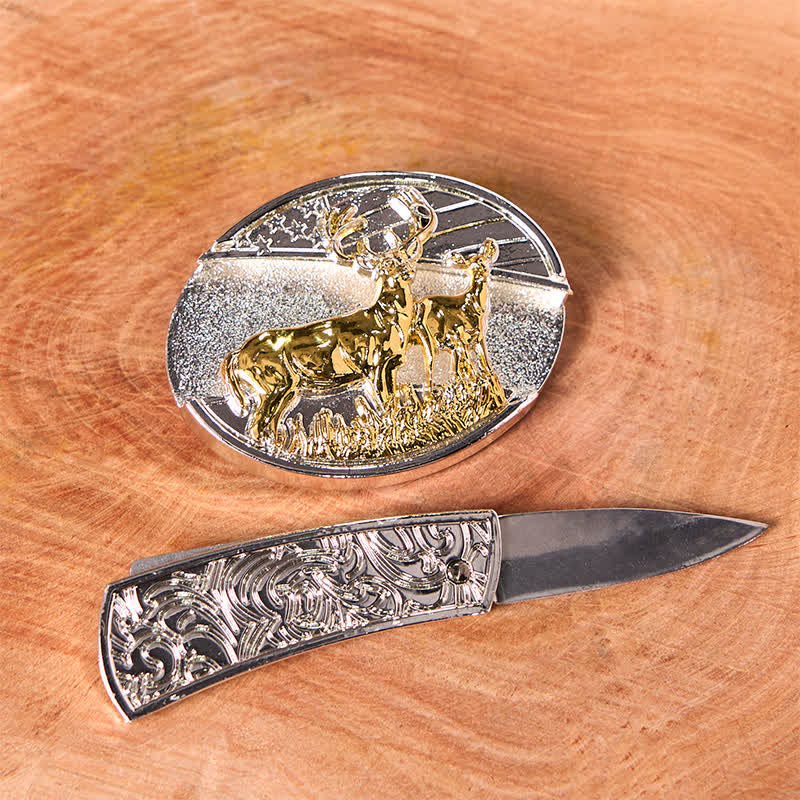 Cinturón de cuero con cuchillo plegable oculto con ciervos dorados y plateados para hombre