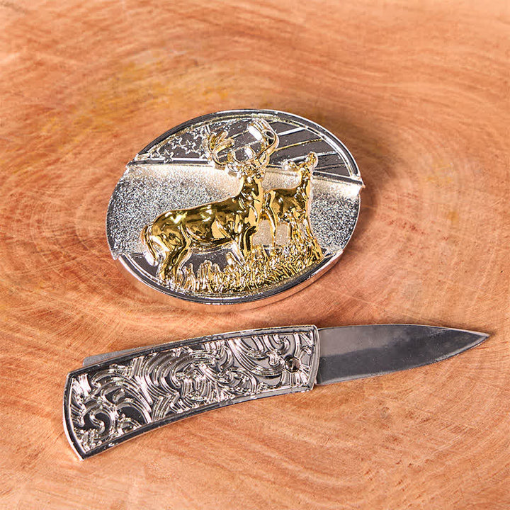 Cinturón de cuero con cuchillo plegable oculto con ciervos dorados y plateados para hombre