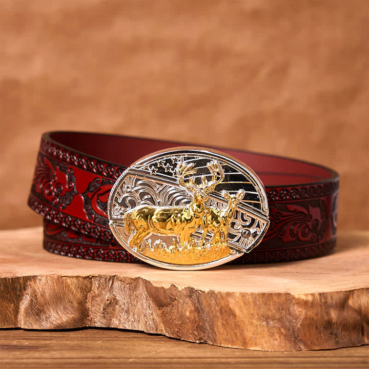 Cinturón de cuero con cuchillo plegable oculto con ciervos dorados y plateados para hombre
