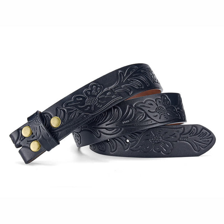 Cinturón de cuero con estampado floral punk, sin hebilla, hecho a mano