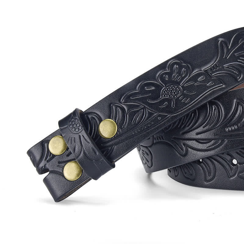 Cinturón de cuero con estampado floral punk, sin hebilla, hecho a mano