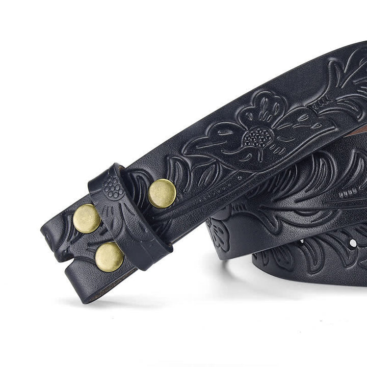 Cinturón de cuero con estampado floral punk, sin hebilla, hecho a mano