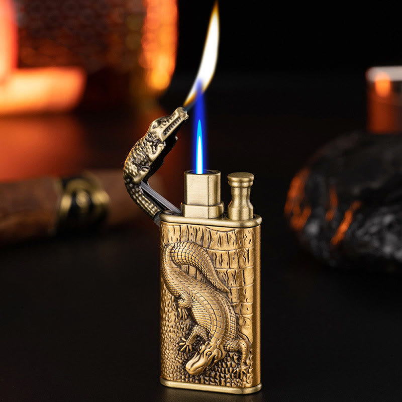 Encendedor de butano recargable con cabeza de cocodrilo en relieve y doble llama