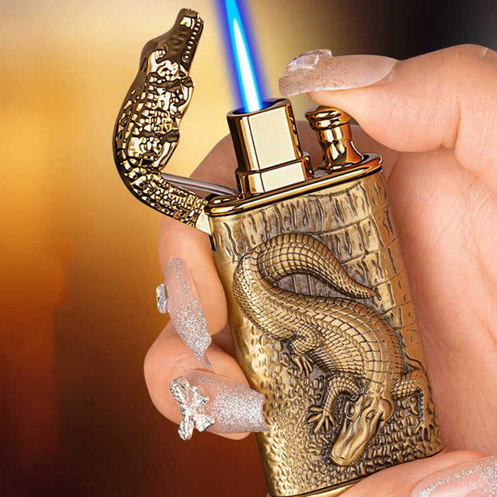Encendedor de butano recargable con cabeza de cocodrilo en relieve y doble llama