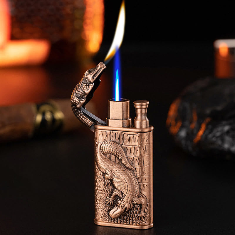 Encendedor de butano recargable con cabeza de cocodrilo en relieve y doble llama