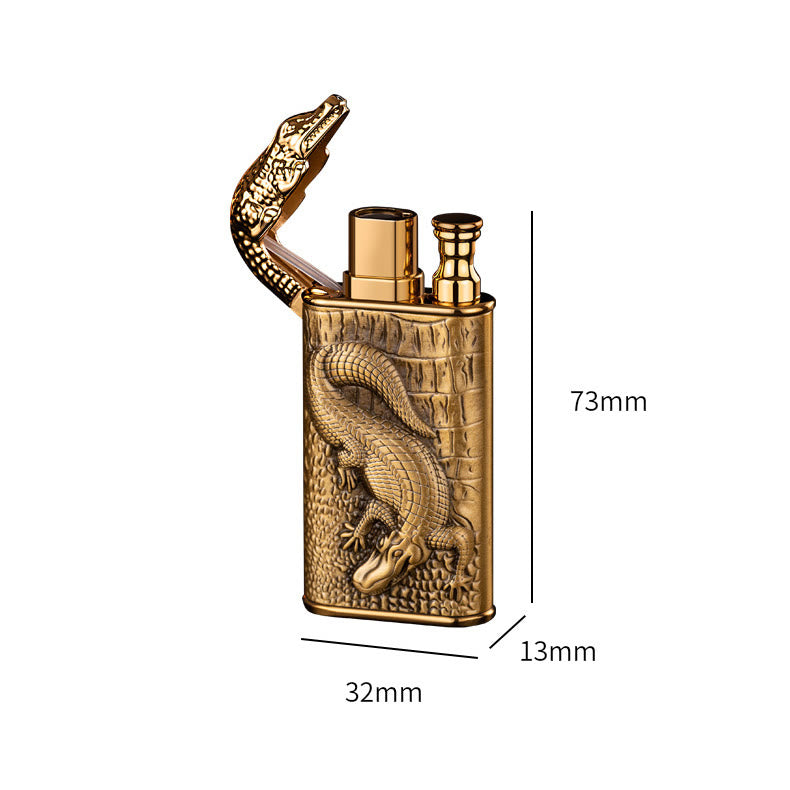 Encendedor de butano recargable con cabeza de cocodrilo en relieve y doble llama