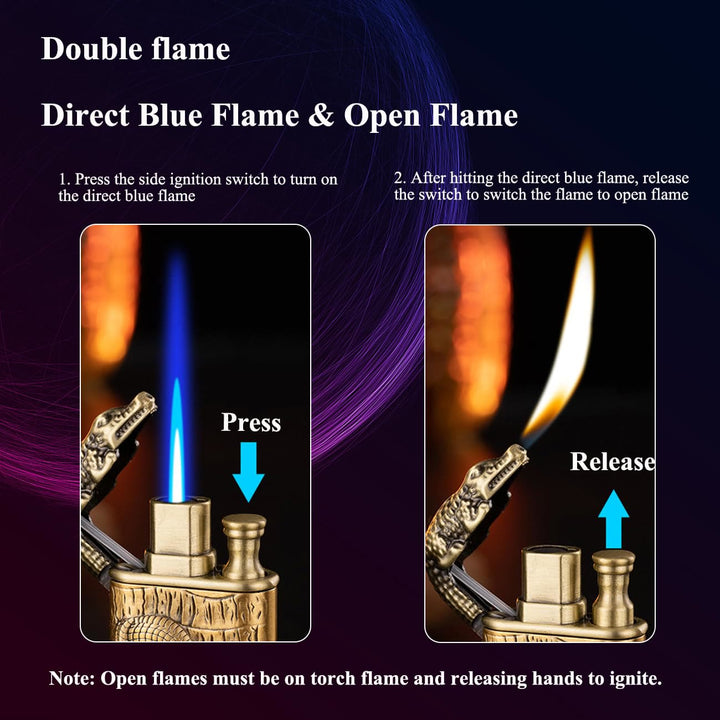 Encendedor de butano recargable con cabeza de cocodrilo en relieve y doble llama