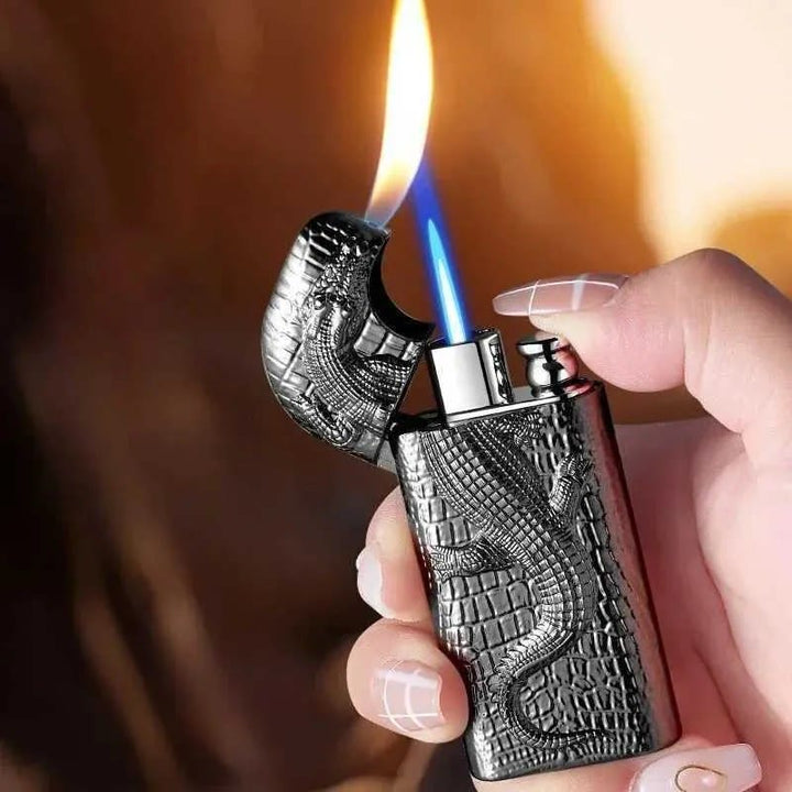 Encendedor de butano recargable con doble llama y alivio de cocodrilo salvaje