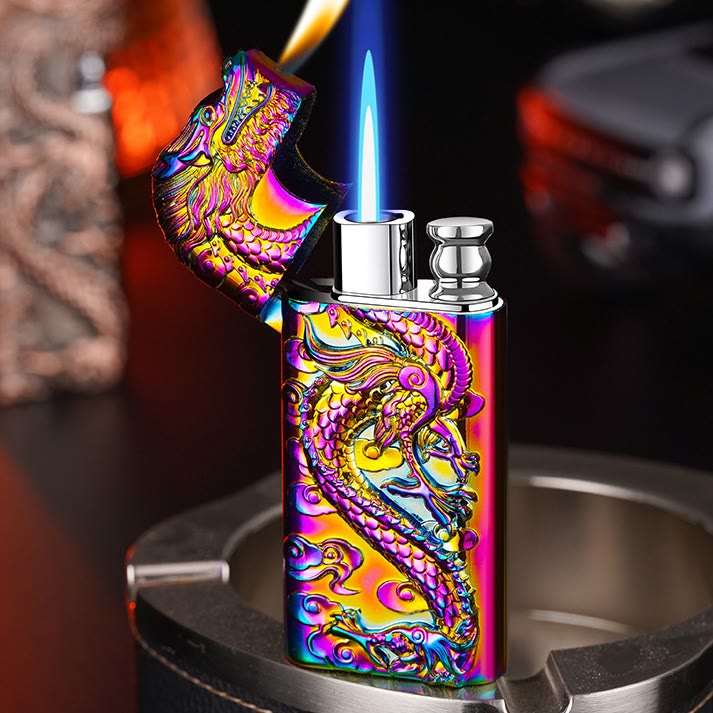 Encendedor de butano recargable con doble llama y dragón vívido en relieve