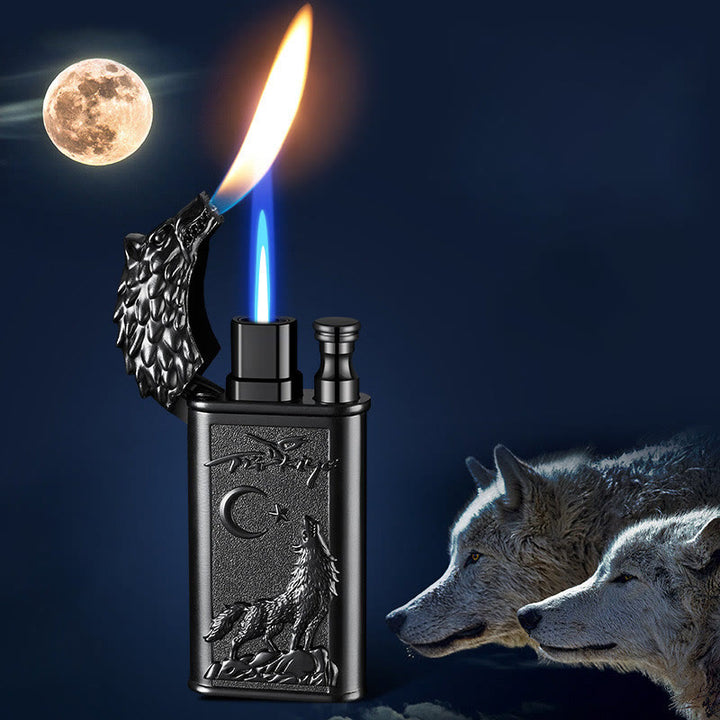 Encendedor de butano recargable con doble llama y alivio de lobo rugiente