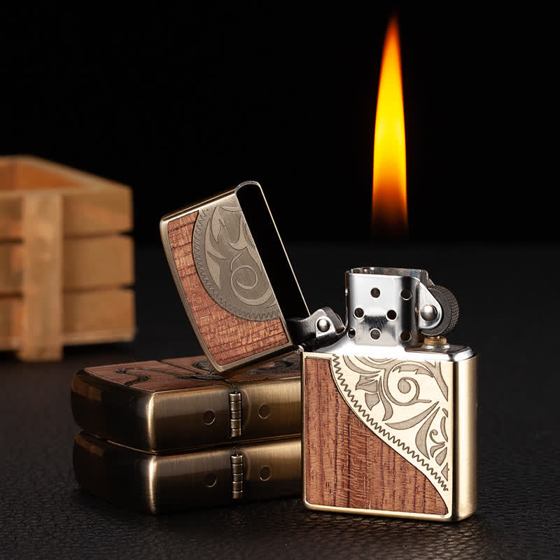 Encendedor de quesoseno recargable con carcasa de madera tallada de estilo retro