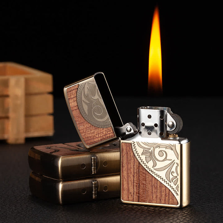 Encendedor de quesoseno recargable con carcasa de madera tallada de estilo retro