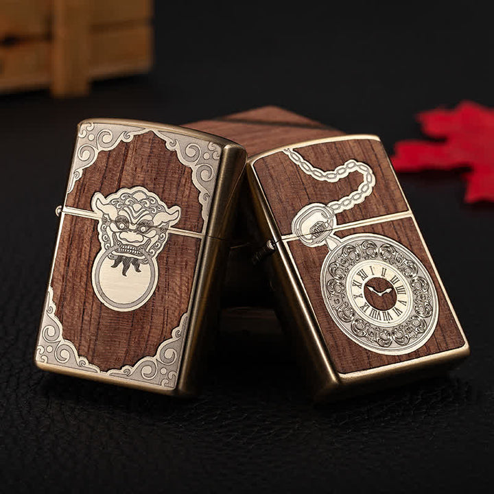 Encendedor de quesoseno recargable con carcasa de madera tallada de estilo retro
