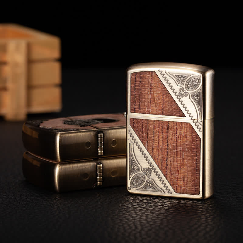 Encendedor de quesoseno recargable con carcasa de madera tallada de estilo retro