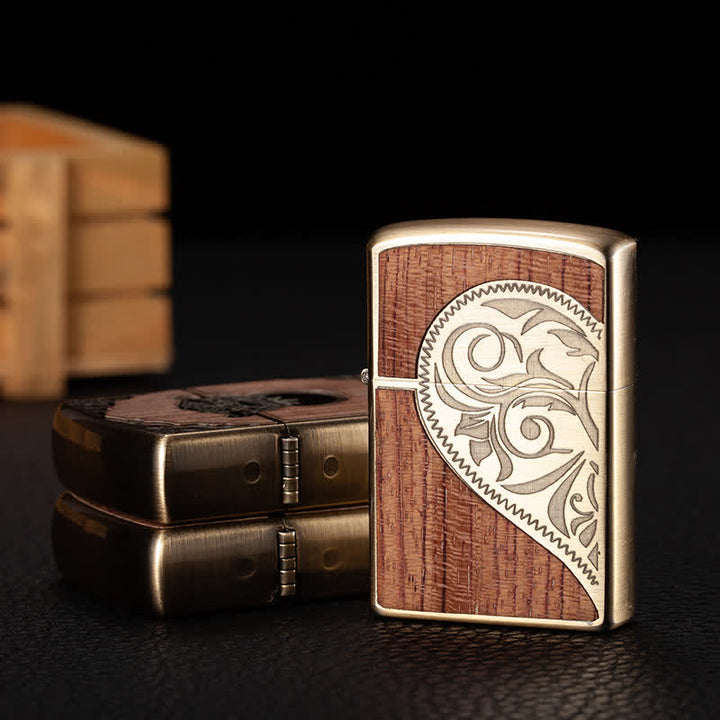 Encendedor de quesoseno recargable con carcasa de madera tallada de estilo retro