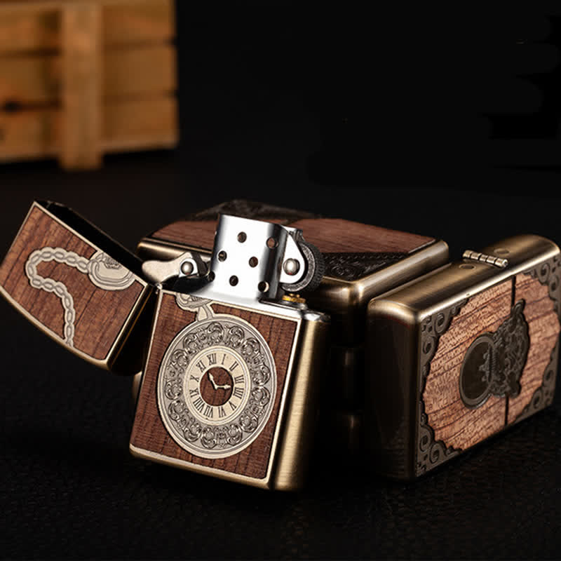 Encendedor de quesoseno recargable con carcasa de madera tallada de estilo retro