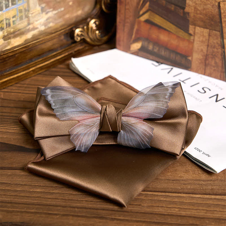 Conjunto de pajarita y pañuelo de bolsillo de organza vintage con mariposas para hombre