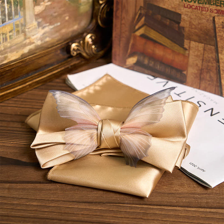 Conjunto de pajarita y pañuelo de bolsillo de organza vintage con mariposas para hombre