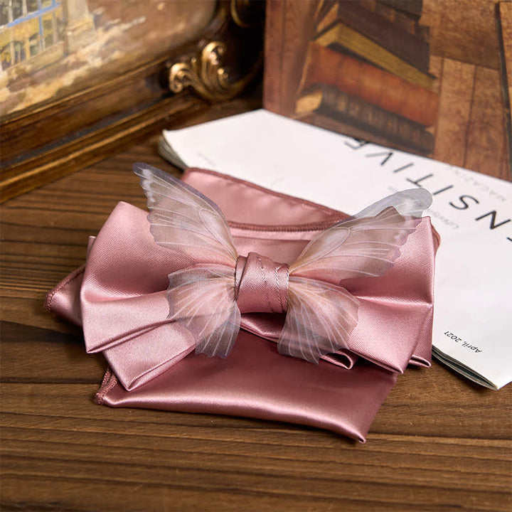 Conjunto de pajarita y pañuelo de bolsillo de organza vintage con mariposas para hombre