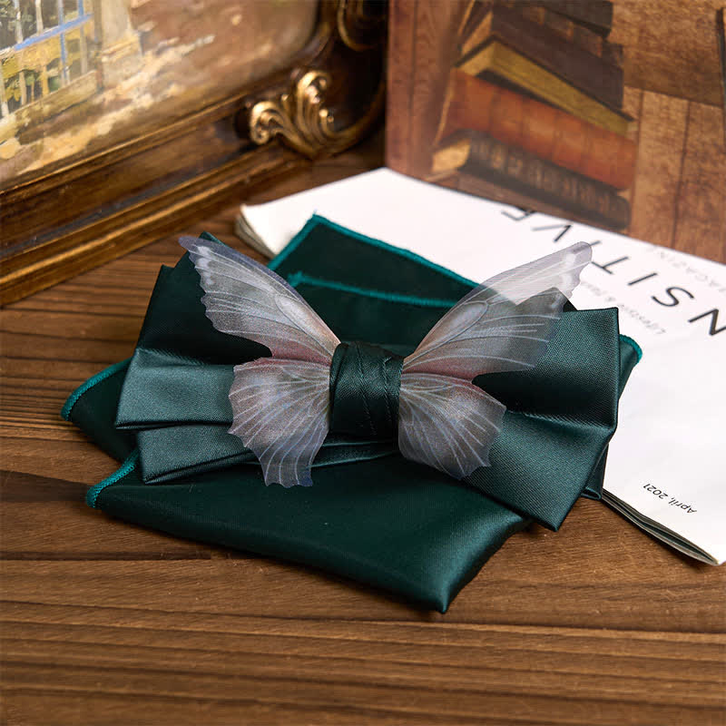 Conjunto de pajarita y pañuelo de bolsillo de organza vintage con mariposas para hombre