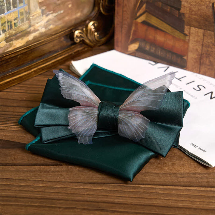 Conjunto de pajarita y pañuelo de bolsillo de organza vintage con mariposas para hombre