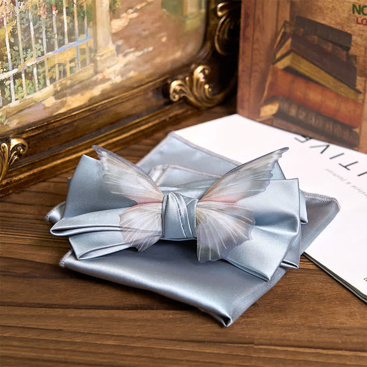 Conjunto de pajarita y pañuelo de bolsillo de organza vintage con mariposas para hombre