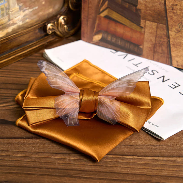 Conjunto de pajarita y pañuelo de bolsillo de organza vintage con mariposas para hombre