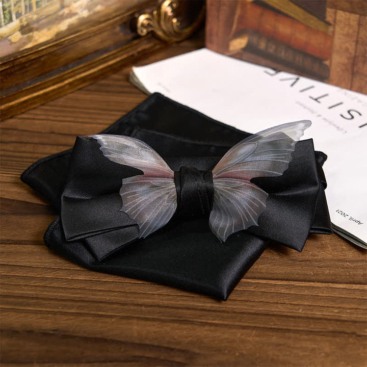 Conjunto de pajarita y pañuelo de bolsillo de organza vintage con mariposas para hombre