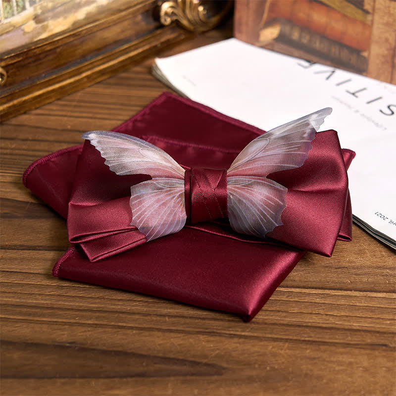 Conjunto de pajarita y pañuelo de bolsillo de organza vintage con mariposas para hombre