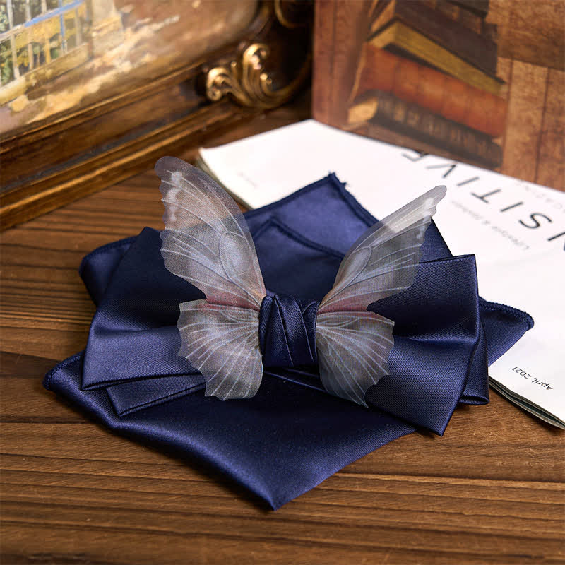 Conjunto de pajarita y pañuelo de bolsillo de organza vintage con mariposas para hombre