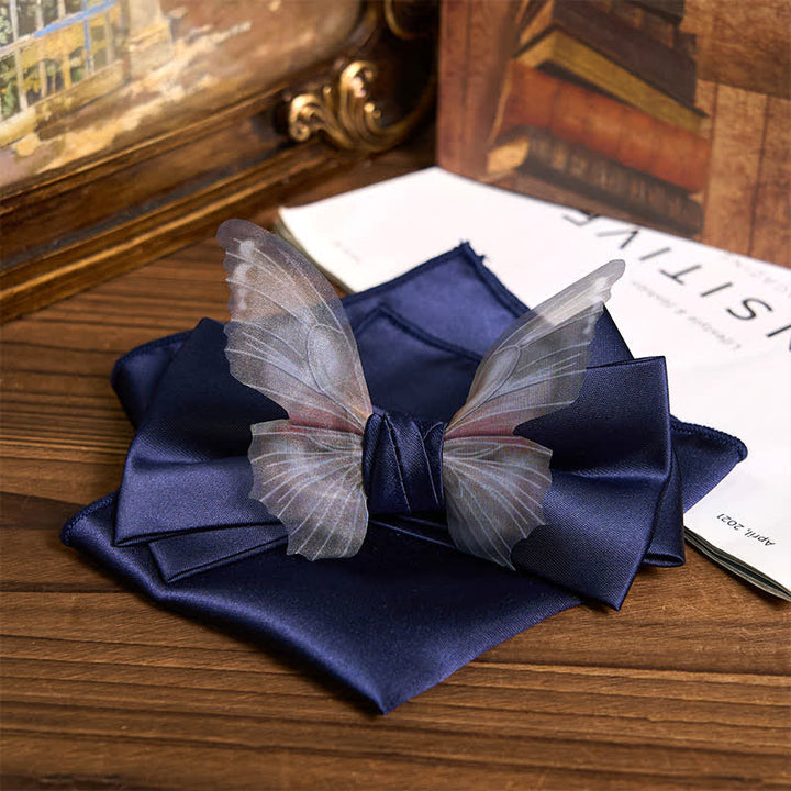 Conjunto de pajarita y pañuelo de bolsillo de organza vintage con mariposas para hombre