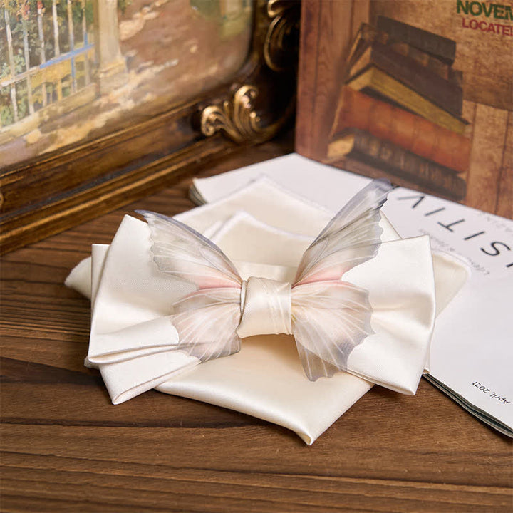 Conjunto de pajarita y pañuelo de bolsillo de organza vintage con mariposas para hombre